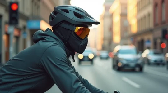 Cycliste équipé d'un masque de protection roulant dans un environnement urbain avec circulation dense