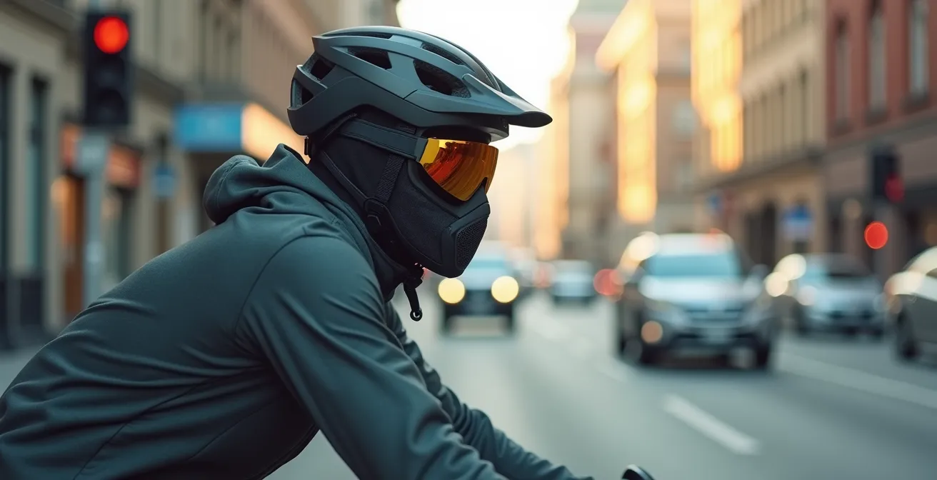 Cycliste équipé d'un masque de protection roulant dans un environnement urbain avec circulation dense