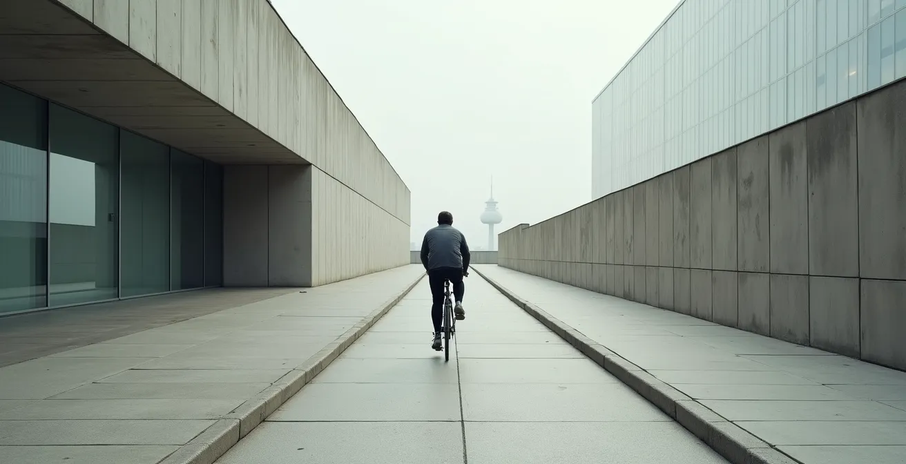 Vue large d'un espace urbain minimaliste avec cycliste au loin sur piste cyclable séparée