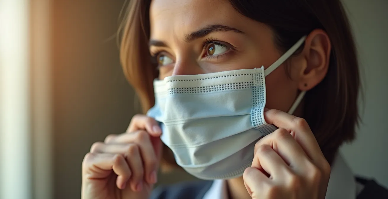 Gros plan sur des mains ajustant soigneusement un masque de protection sur le visage