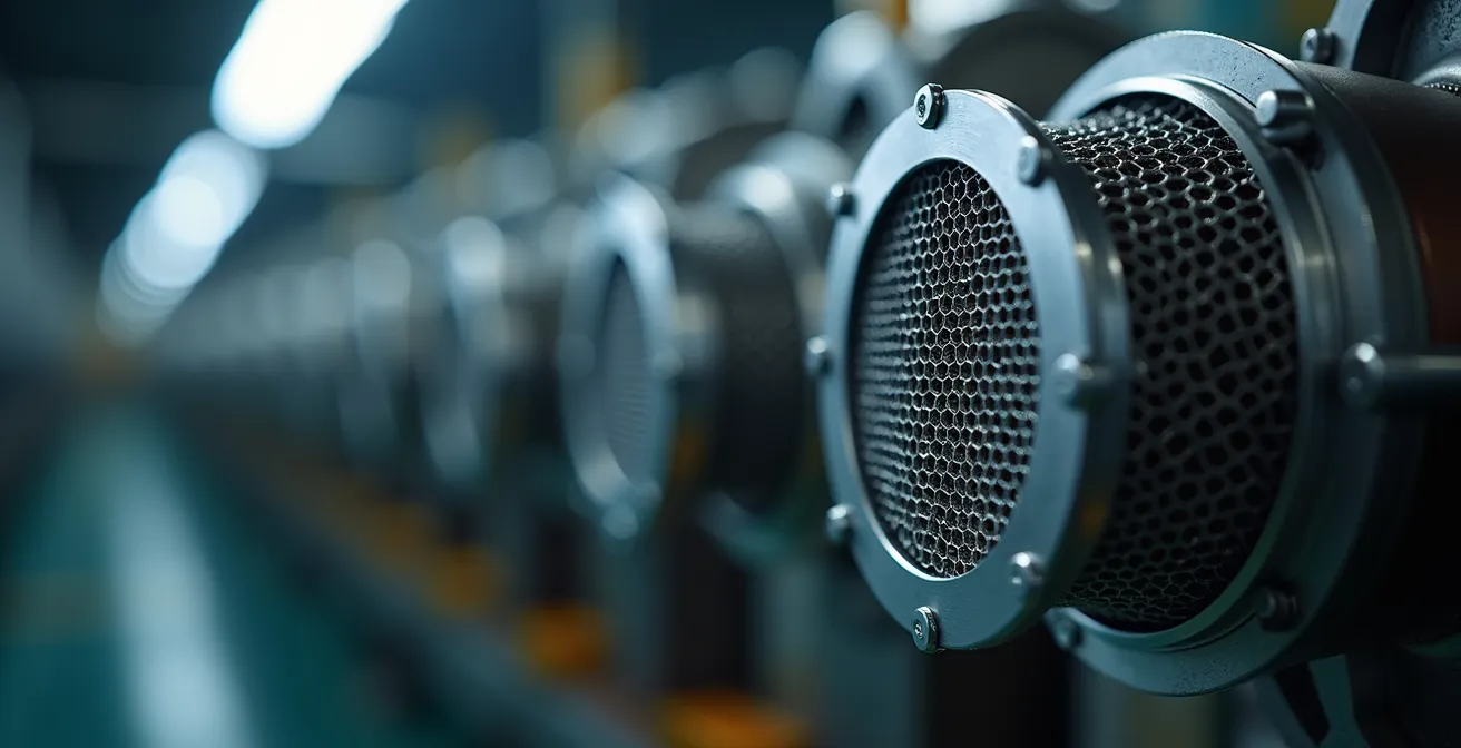 Détail macro d'un système de filtration industriel avec textures métalliques