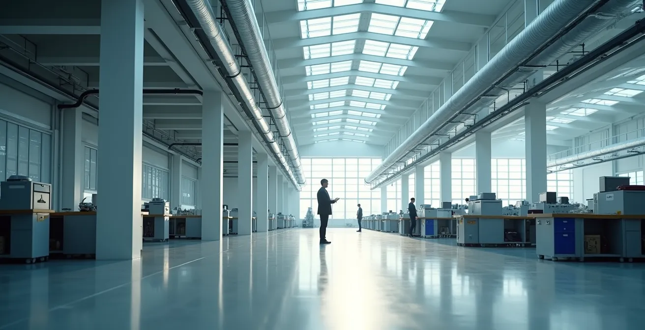 Espace industriel moderne avec système de filtration visible