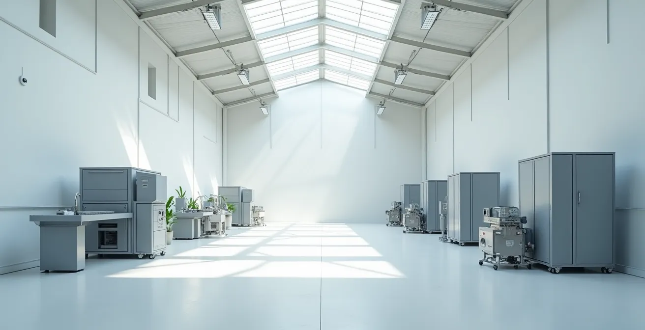 Hall industriel moderne avec équipements de production propres dans un environnement épuré