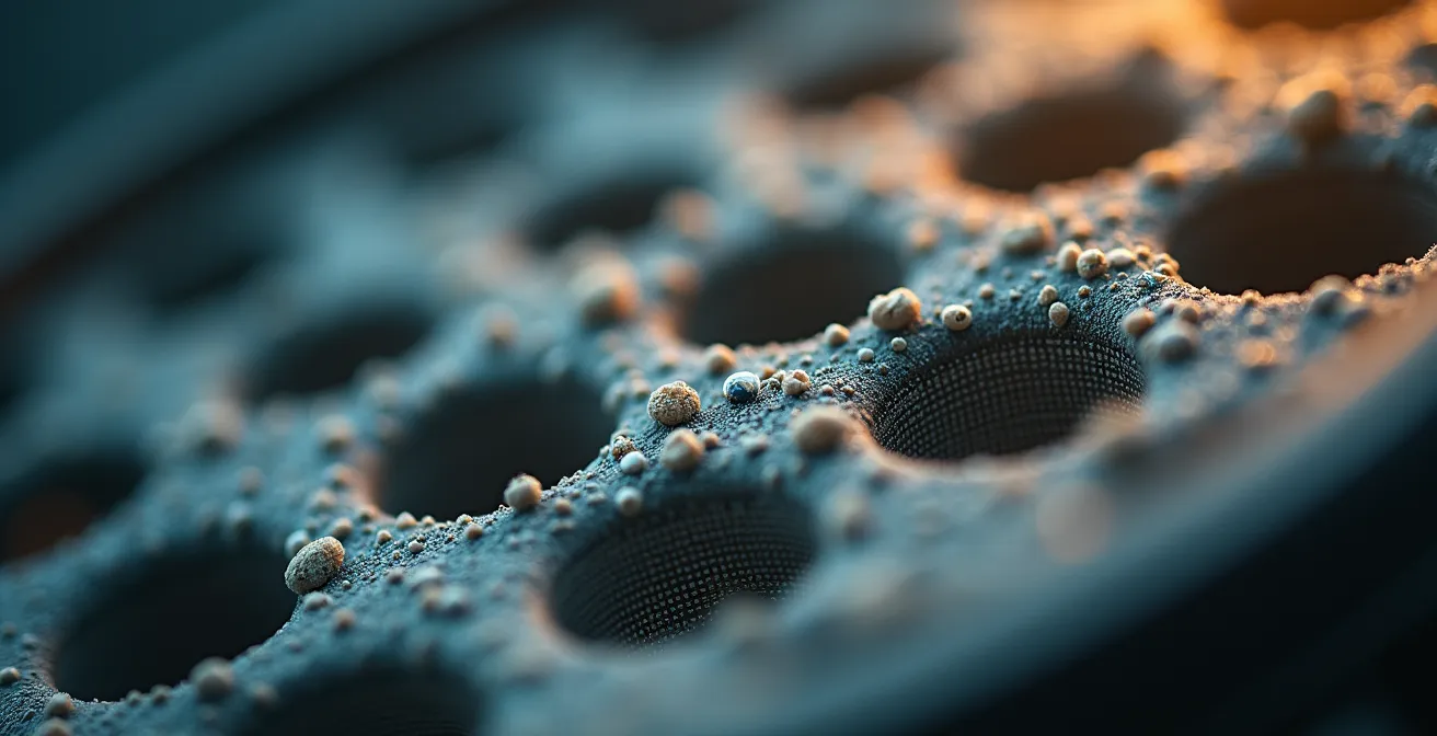 Vue macro d'un filtre industriel révélant les particules capturées