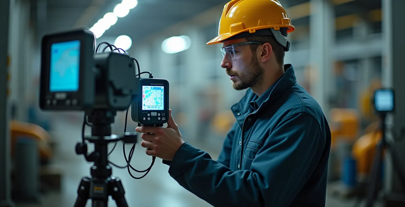 Technicien analysant des données d'émissions sur un équipement de mesure industriel