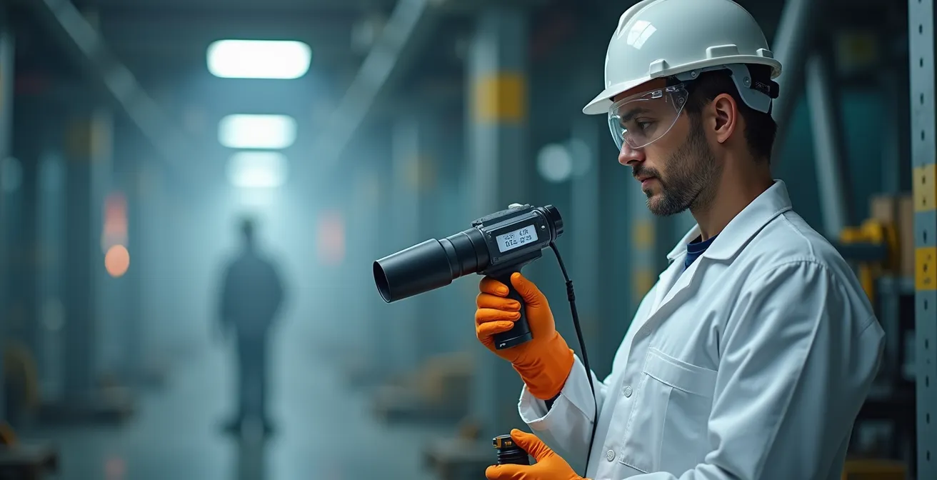 Technicien effectuant des mesures de qualité d'air avec équipement portable