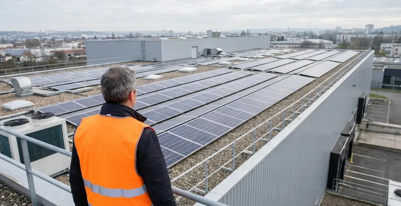 Dirigeant d'entreprise observant panneaux solaires sur toit industriel (transition écologique)
