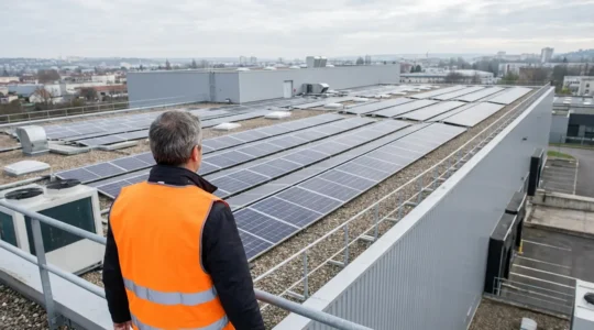 Dirigeant d'entreprise observant panneaux solaires sur toit industriel (transition écologique)