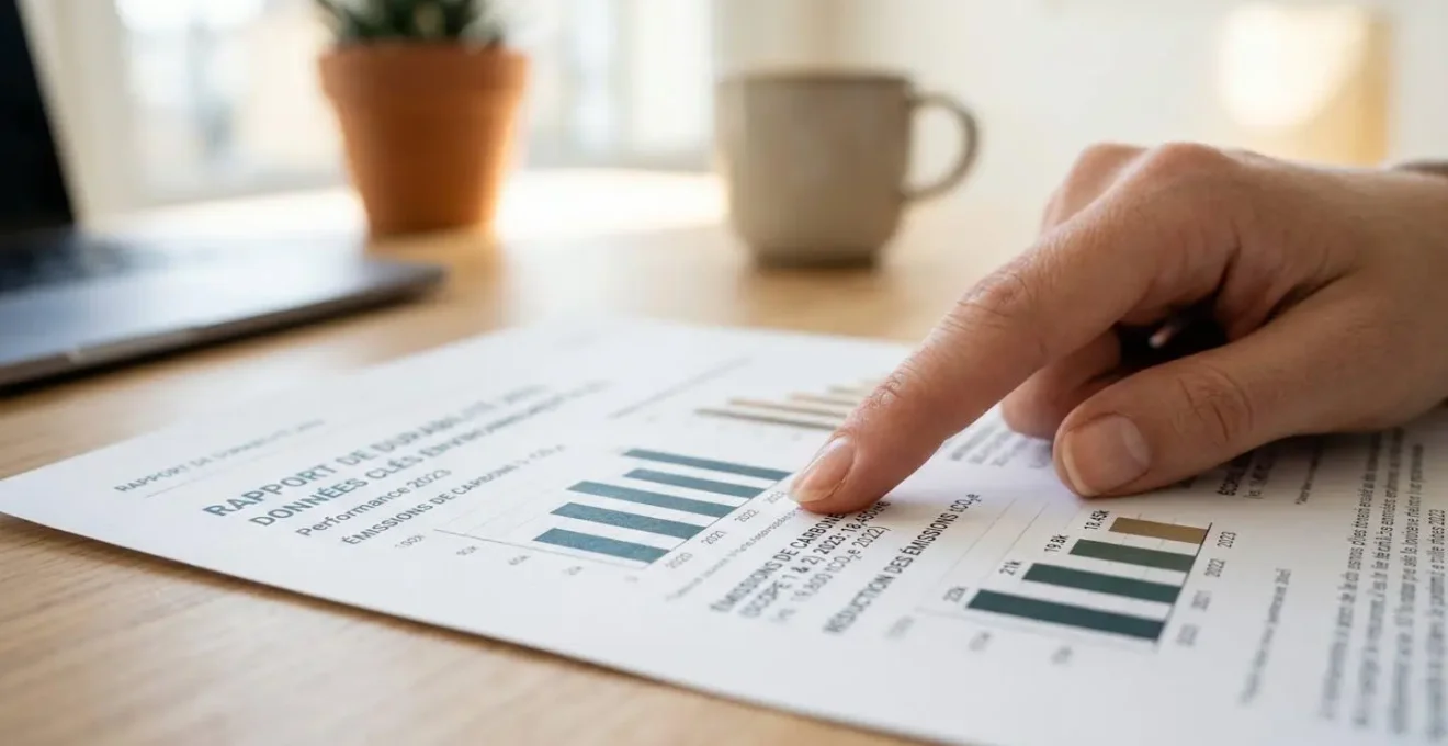 Gros plan sur une main pointant des graphiques d'émissions carbone sur un rapport de développement durable, focus serré sur le geste