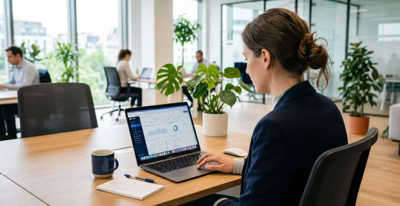 Vue par-dessus l'épaule d'un professionnel analysant des données sur un ordinateur portable dans un bureau moderne lumineux