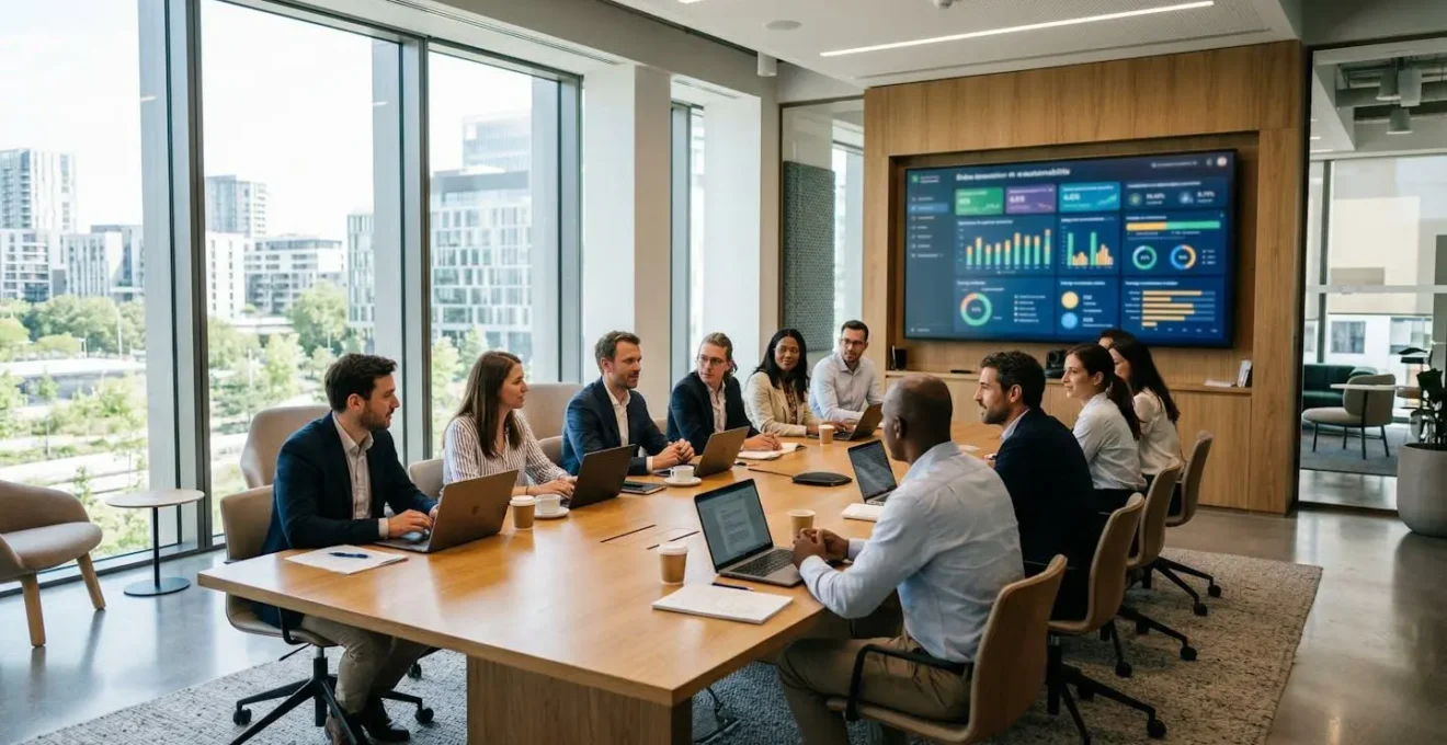 Salle de réunion contemporaine lumineuse avec tableau de bord RSE affiché sur grand écran mural, mobilier épuré et larges baies vitrées